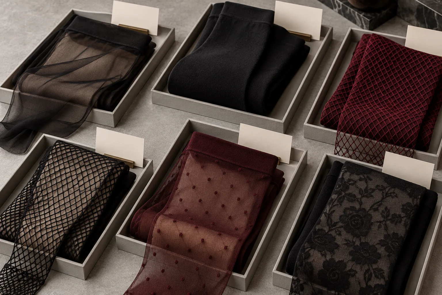 Strip hosiery, clusters and hosiery trays on a beauty sampling table