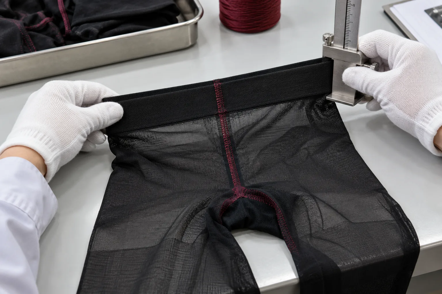 Technician inspecting hosiery at a quality desk